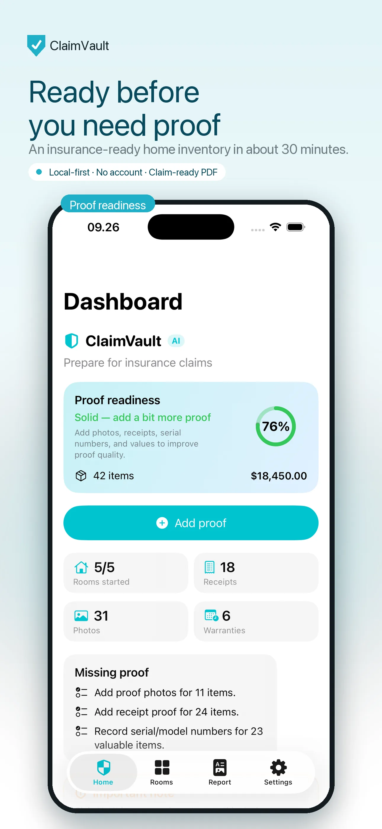 ClaimVault dashboard showing a proof-readiness score and missing-proof checklist